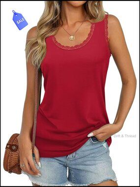 Lace Scoop Neck Tank Top Sleeveless Summer Casual Loose Fit Stretchy Blouse
